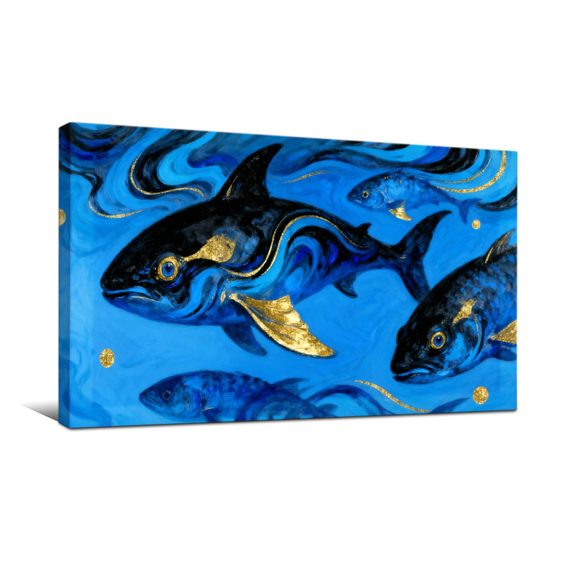 Nautique et plage - poisson bleu avec des accents dorés - eau tourbillonnante, H 24 po x l 48 po