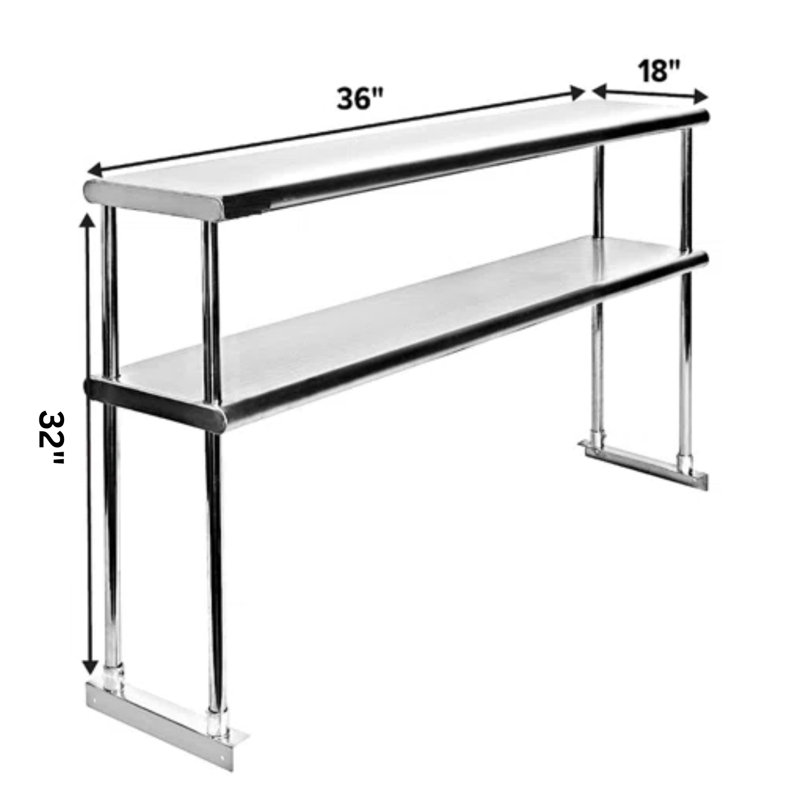 Commercial Stainless Steel Prep Station, Double Overshelf, 36 in. W x 18 in. D, 32" H x 36" L x 18" D
