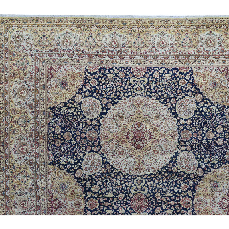Tapis bleu marine et doré noué à la main de haute qualité