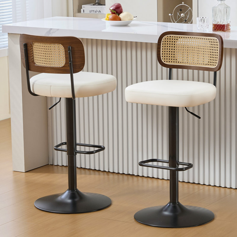Tabourets de bar pivotants à hauteur ajustable 360 ° avec dossier en rotin, Blanc