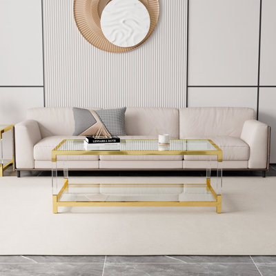 47.2X23.6X17.7 Inch Glass Top Coffee Table Living Room Modern Acrylic Leg Double Layer Tempered Glass With Golden Metal Frame Furniture