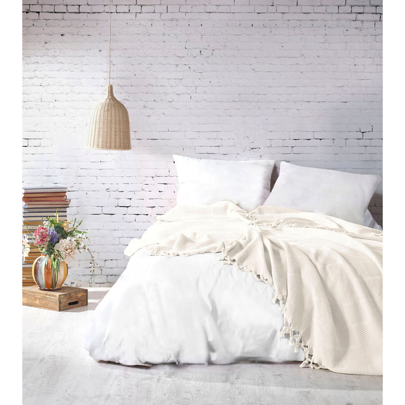 Couvre-lit luxueux à double piqué de couleur crème | 100% coton, 300 g / m², 100 fils | Frange faite à la main, non élastique, lavable en machine à 30 ° C | Parfait pour un décor de chambre à coucher élégant