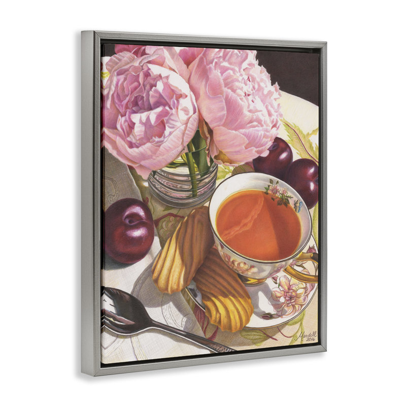 Thé avec pivoines et prunes, art mural encadré par Mardell Schuster, Cadre flottant gris lustré, H 21 po x l 17 po