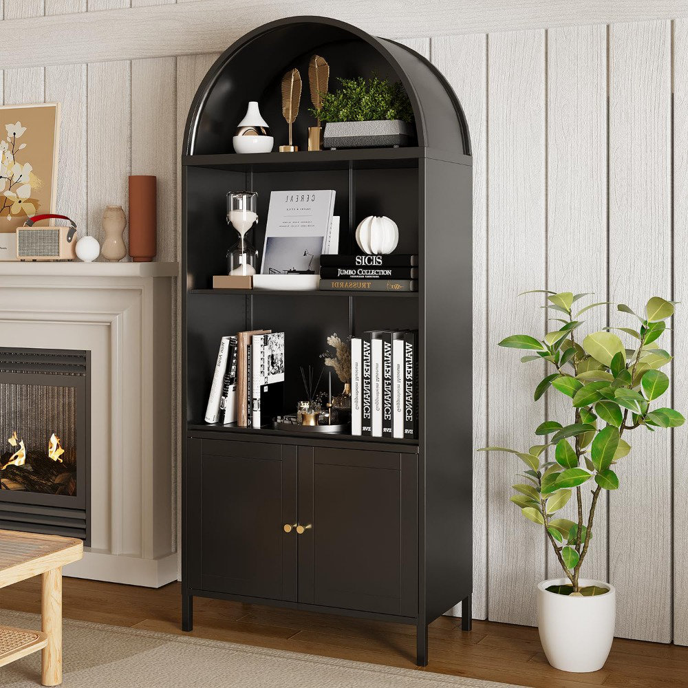 73 Inch Tall Metal Arched Storage Cabinet With Glass Doors, Modern Kitchen Pantry And Cupboard For Living And Dining Room,Durable Black Finish