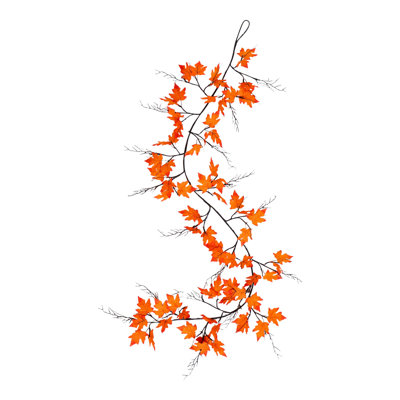6.5Ft. Pre-Lit Artificial Halloween Black Maple Garland With 48 Orange & Purple LED Lights