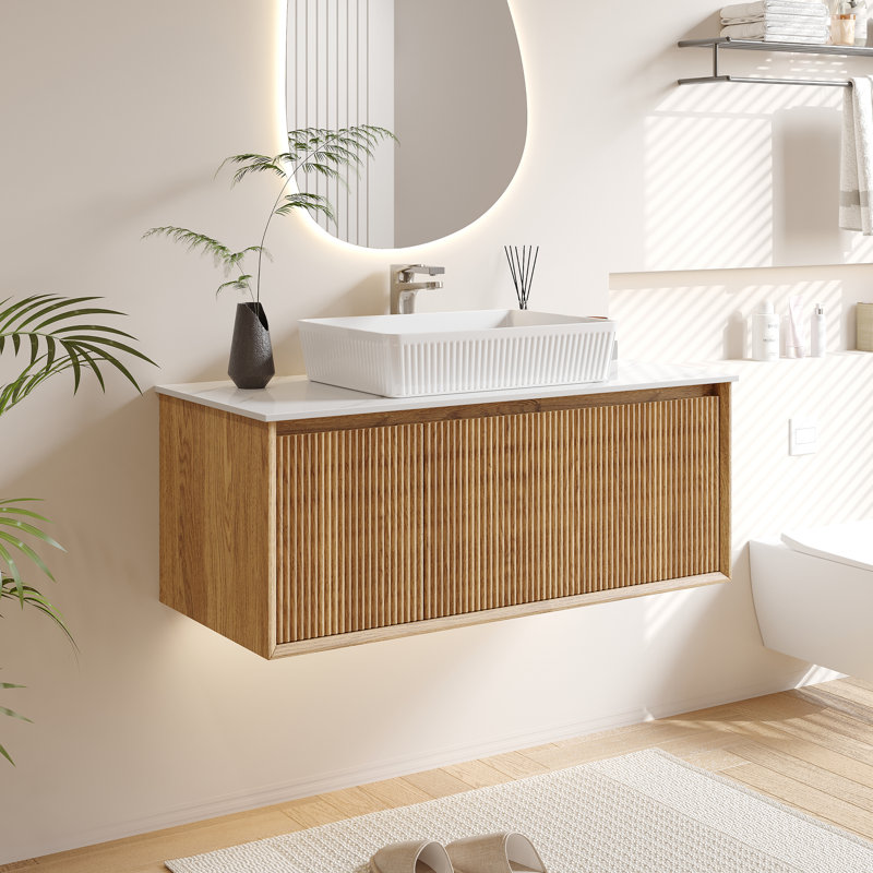 Meuble-lavabo simple moderne 35,4 po, meuble-lavabo flottant avec plateau blanc, armoire en bois massif, pré-assemblé, Blanc