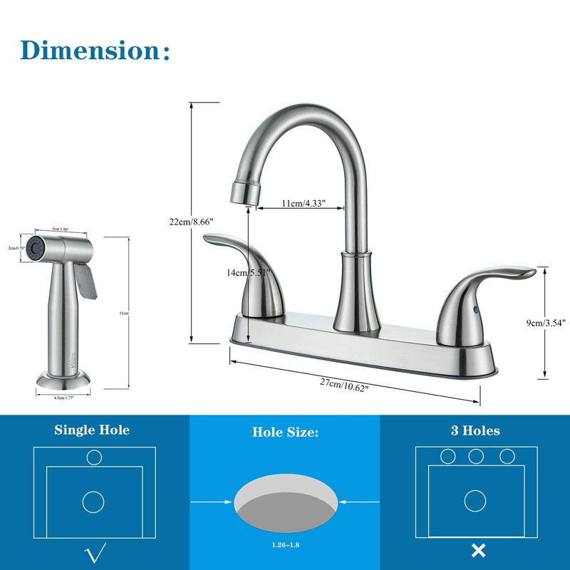 Brushed Nickel 2-Handle Kitchen Sink Faucet with Side Sprayer, 8-Inch High Arc 360° Swivel Spout, Includes Supply Lines, Fits 3 or 4-Hole RV, Camper, Laundry and Bar Sinks