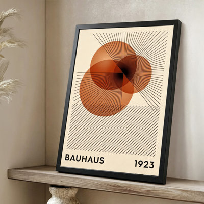 Cercles et lignes géométriques abstraites modernes: motifs rayonnants, style Bauhaus 1923. Toile encadrée 24 "x 36" avec cadre en bois noir