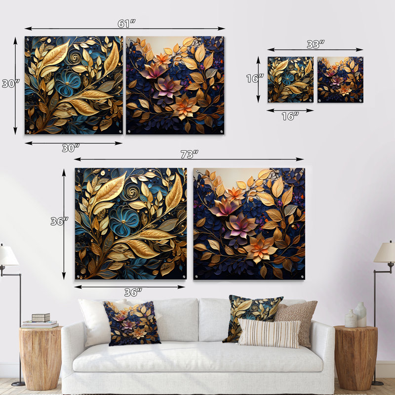 «Black and Gold Leaf Charm In Winter II», ensemble de 2 feuilles d'art mural en acrylique sur verre, H 36 po x l 73 po