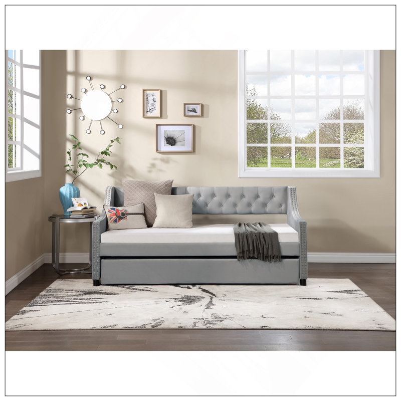 Elegant Daybed With Trundle, Tufted Upholstery, And Copper Nailhead Arms For Versatile Use, Twin, Light Gray