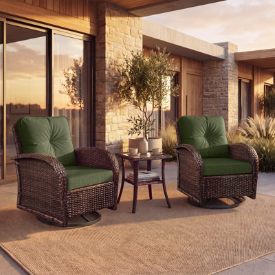 Ensemble de 3 fauteuils à bascule pivotants en résine tressée avec table d'appoint et coussin vert, ensemble de conversation moderne pour véranda, terrasse, balcon et jardin