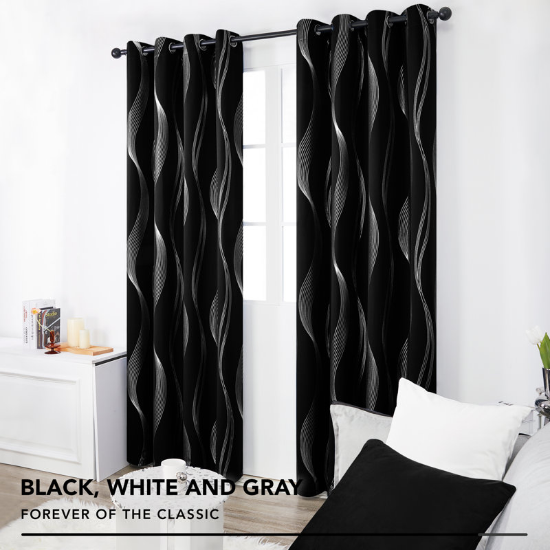 Spurgh Sliver Wave Foil Print Blackout Thermal Grommet Curtain Panels (Set of 2), 52" W x 54" L, Black
