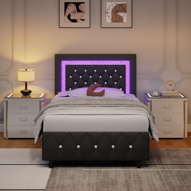 Cadre de lit plateforme tapissier avec lumières DEL et tiroirs de rangement Alber, Lit simple, Noir