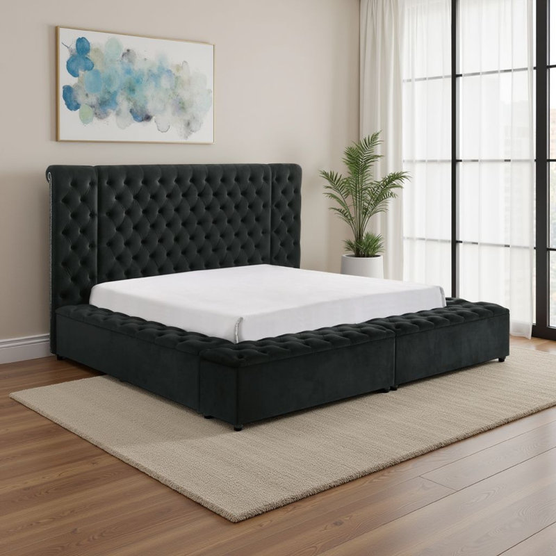 Lit Heri avec rangement latéral en velours Chesterfield, Grand