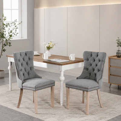 Ensemble de 2 chaises de salle à manger haut de gamme en lin capitonné avec pieds en bois et garniture cloutée, gris