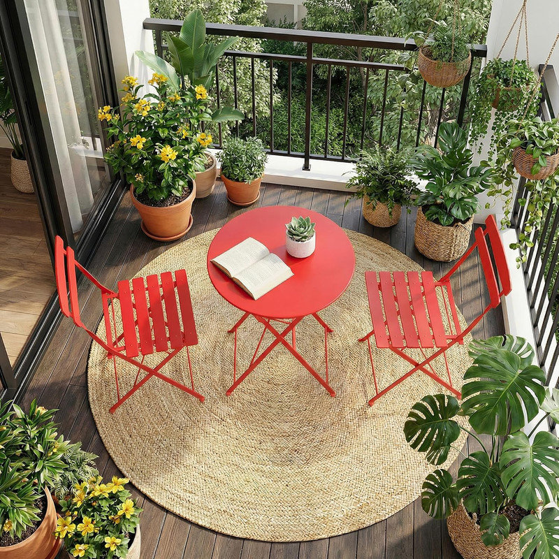 Ensemble bistro de patio pliant 3 pièces - Ensemble de table et chaises d'extérieur sans assemblage, 2 pièces, structure en métal pour balcon, cour, jardin, conception peu encombrante