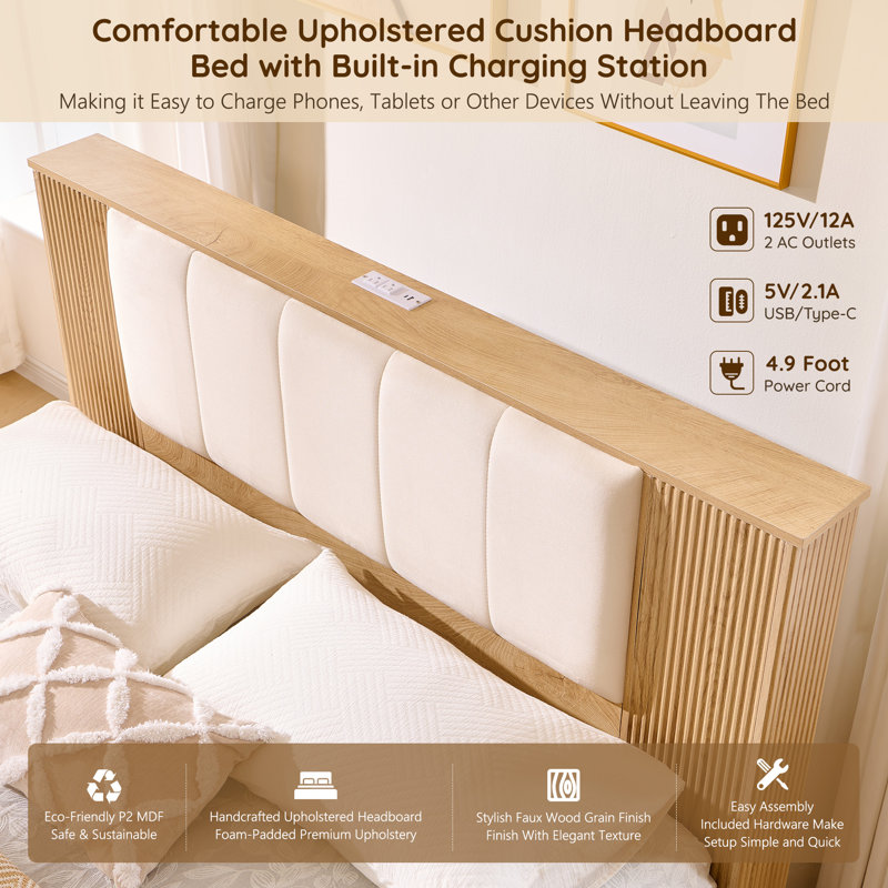Lit plateforme moderne Adison King avec tiroirs de rangement et station de recharge, tête de lit rembourrée avec ports USB et prises électriques, sommier à lattes robustes en bois, montage facile, chêne naturel, sans sommier tapissier, montage facile