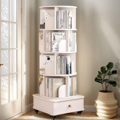 Rotating Bookshelf With Drawer, 360 Display 5 Tier Corner Bookshelf For Small Space, Floor Standing Bookcase Storage Rack, Wood Narrow Organizer For Bedroom, Living Room (WHITE) (Prime Big Deal Days)