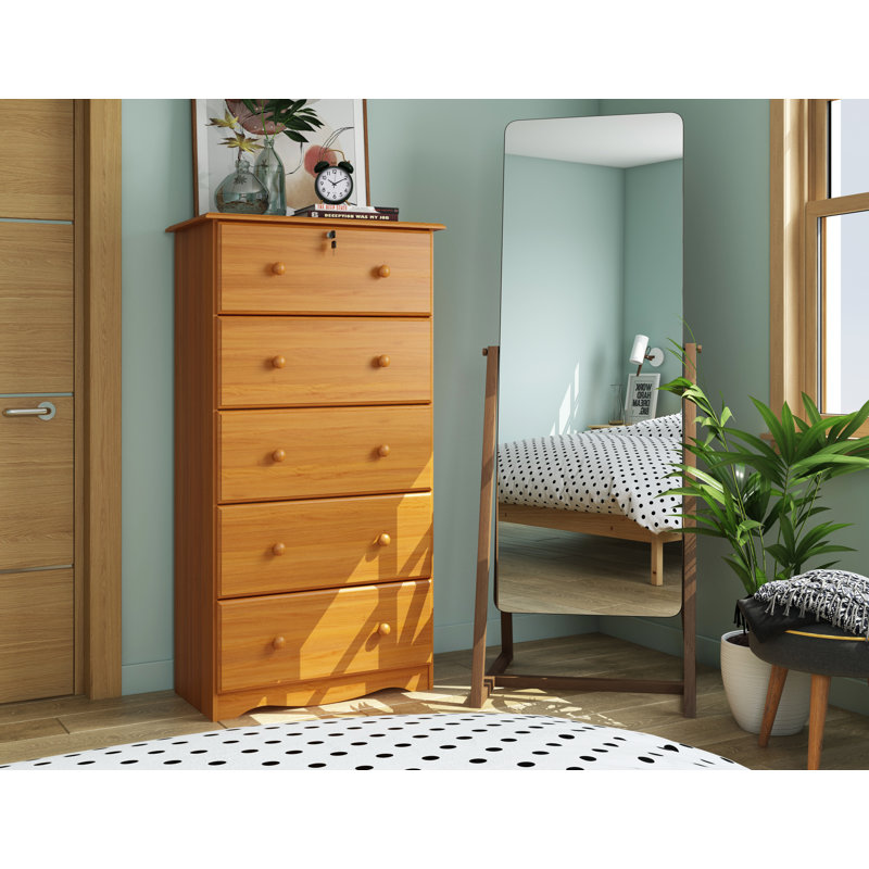 Gallashaw 100% Solid Wood 5-Jumbo Drawer Chest with Lock, Honey Pine