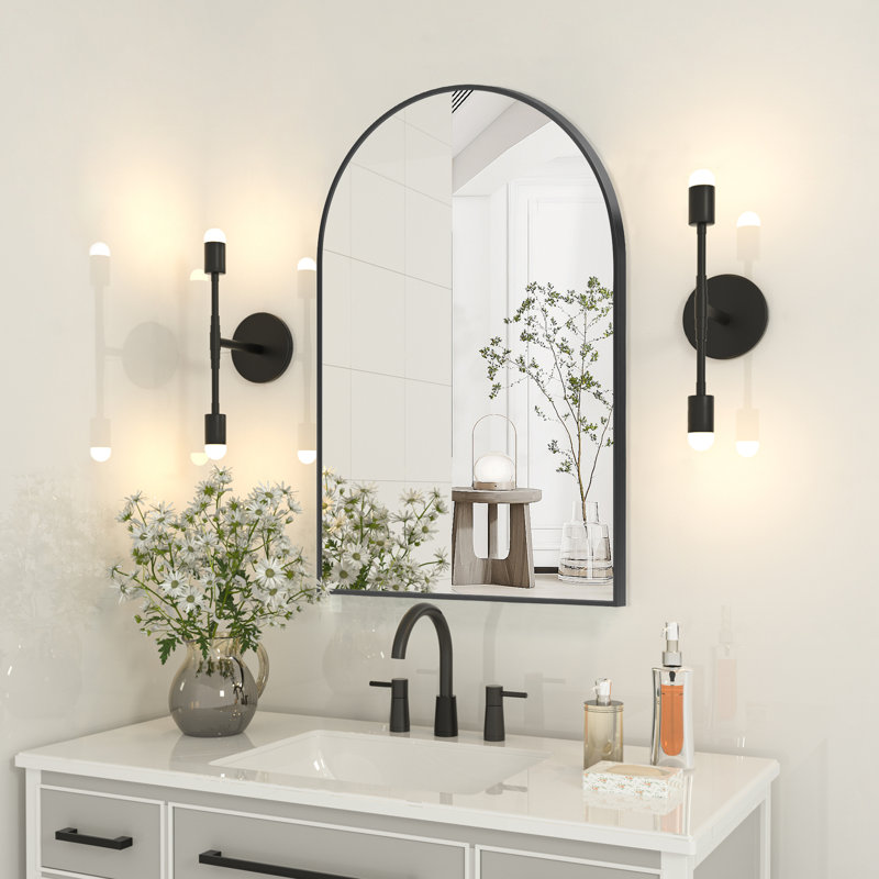 Arched Vanity/Bathroom Mirror with Aluminum Frame & Shatterproof Glass, Black, 36" x 24"