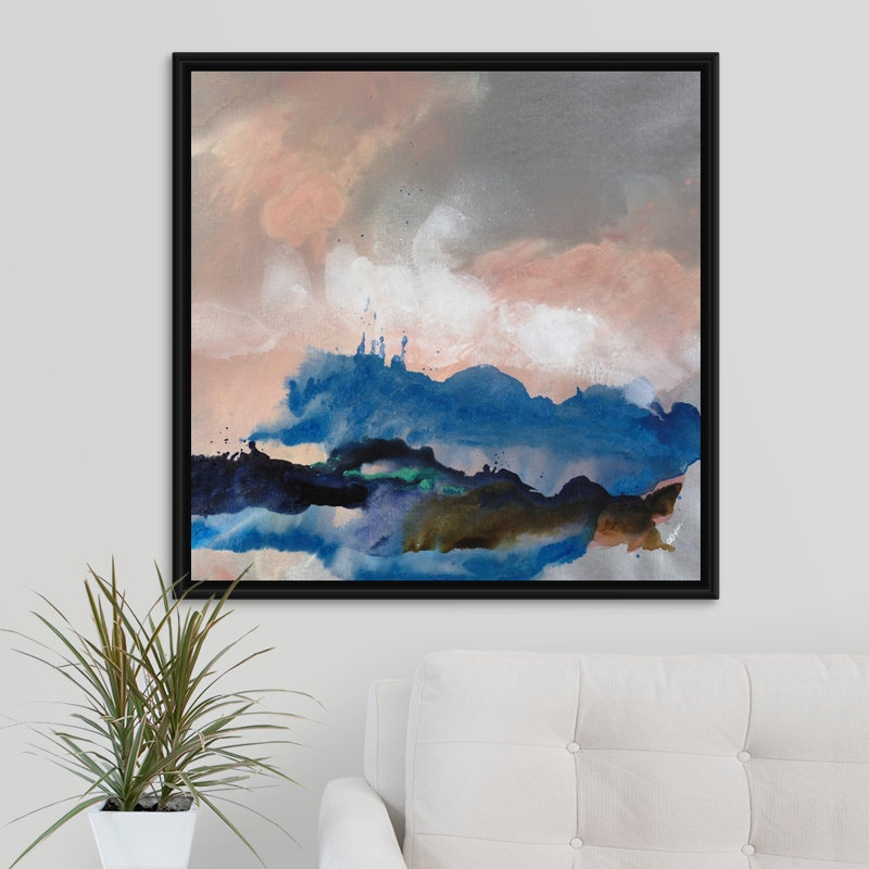 « blue etude i », peinture sur toile, H 31,7 po x l 31,7 po x P 1,75 po, Cadre flottant noir