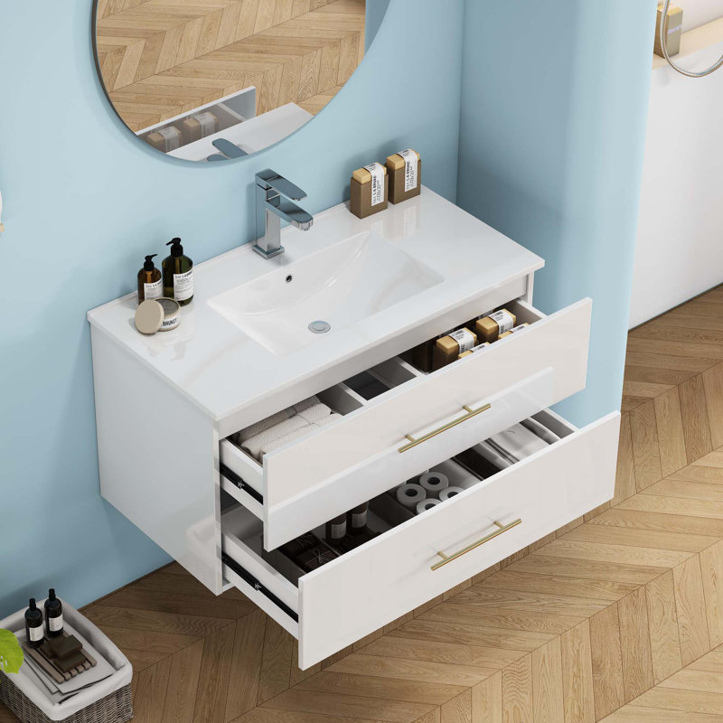 Gloss Wall-Mounted Bathroom Vanity With Mirro, 40", Glossy White, Gold