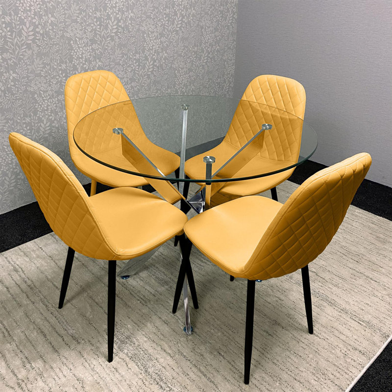 Maya Round Glass Dining Table with 4 Gem Chairs Chrome Finish, Mustard