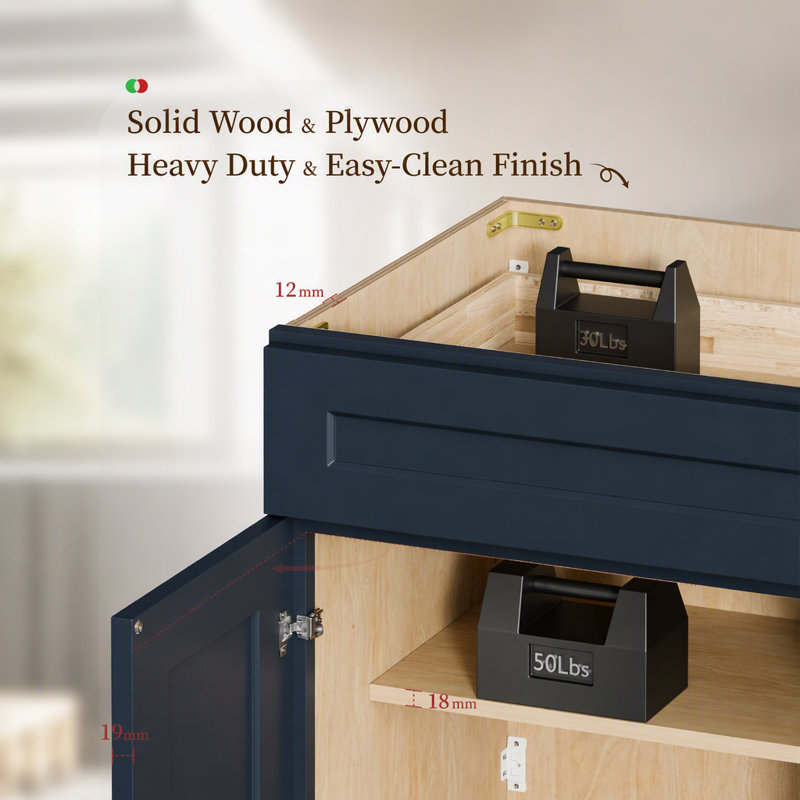 Armoire 12 po bleu marine avec porte à fermeture en douceur, tiroir, unité en bois massif peu encombrante avec tablette réglable pour la cuisine, la salle de bain, la buanderie et le garage (l 12 po x P 24 po x H 34,5 po)