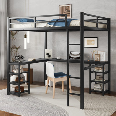 Full XL Metal Loft Bed With Desk And Shelves, Loft Bed With Ladder And Guardrails, Loft Bed Frame by Latitude Run