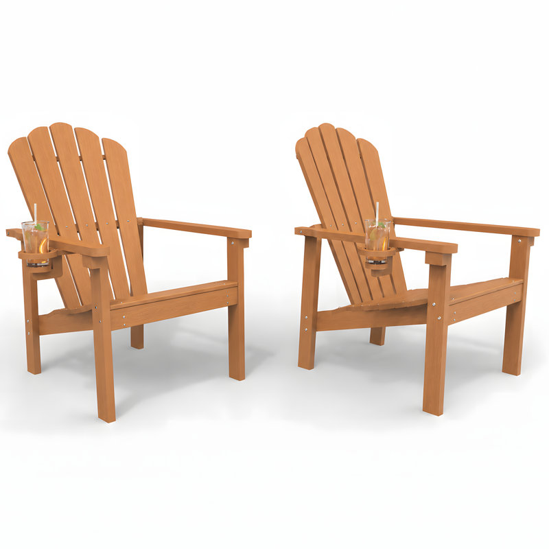 Dareona Set of 2 HDPE Stackable Adirondack Chairs with Cup Holders, All-Weather Outdoor Patio Chairs, Teak, 2