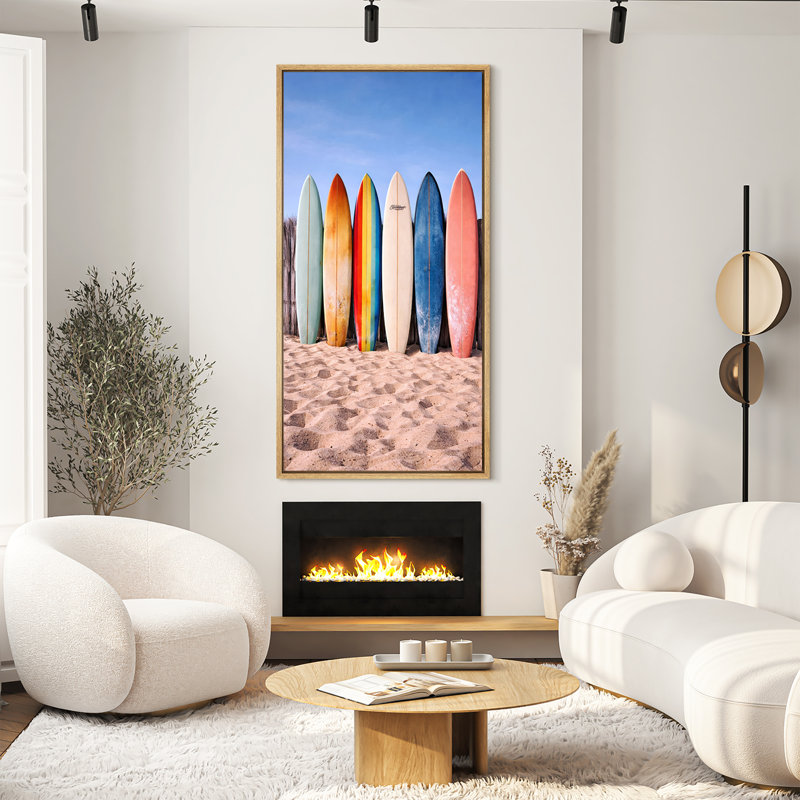 «Rainbow Surfboard on Sand with Blue Sky Coastal Summer», reproduction d'art sur toile encadrée, Naturel