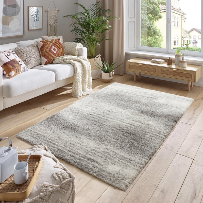 Tapis rectangulaire gris à poils longs en polyester tissé à la machine Paris, Rectangle 11 pi 5 po x 14 pi 7 po