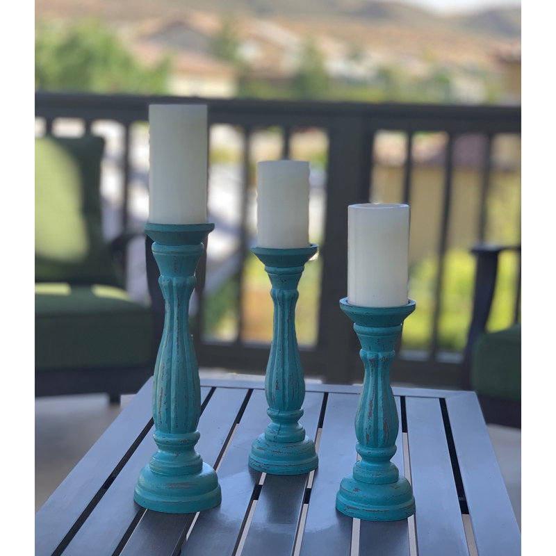 Wood Tabletop Candlestick, Teal
