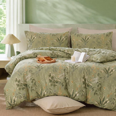 100% Cotton Duvet Cover Queen Size – Sage Green Floral Bedding Set Botanical Garden Comforter Cover 3 Pcs Farmhouse Breathable and Soft Duvet Cover for All Seasons