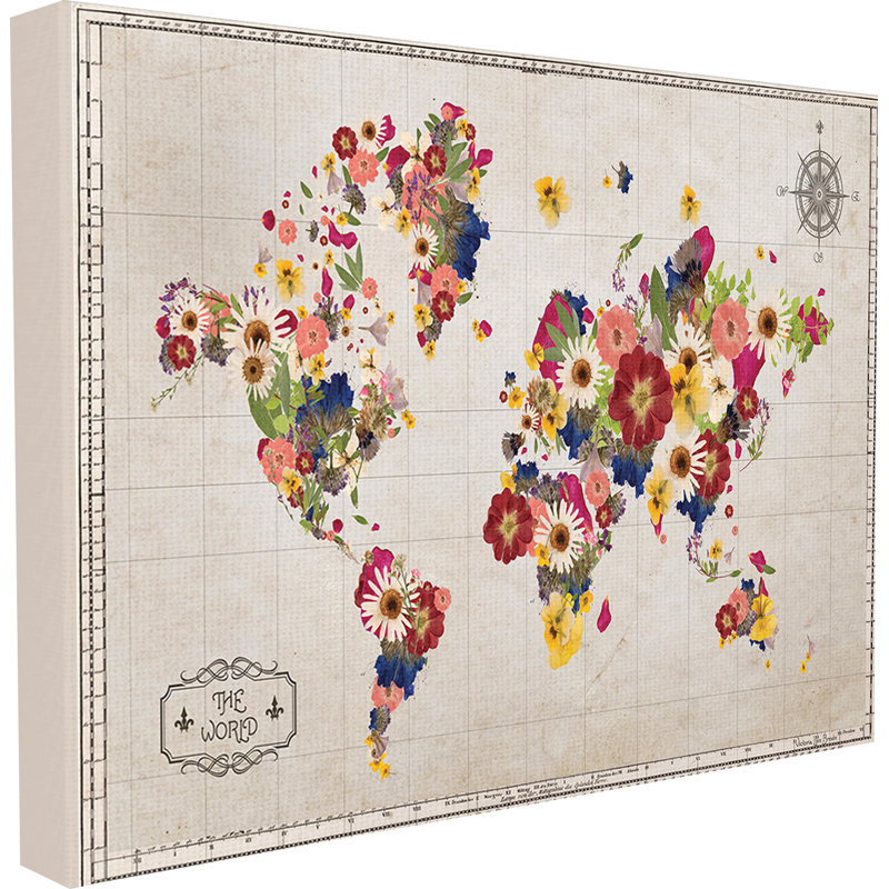 Carte du monde floral, impression, H 30 po x l 24 po, Toile