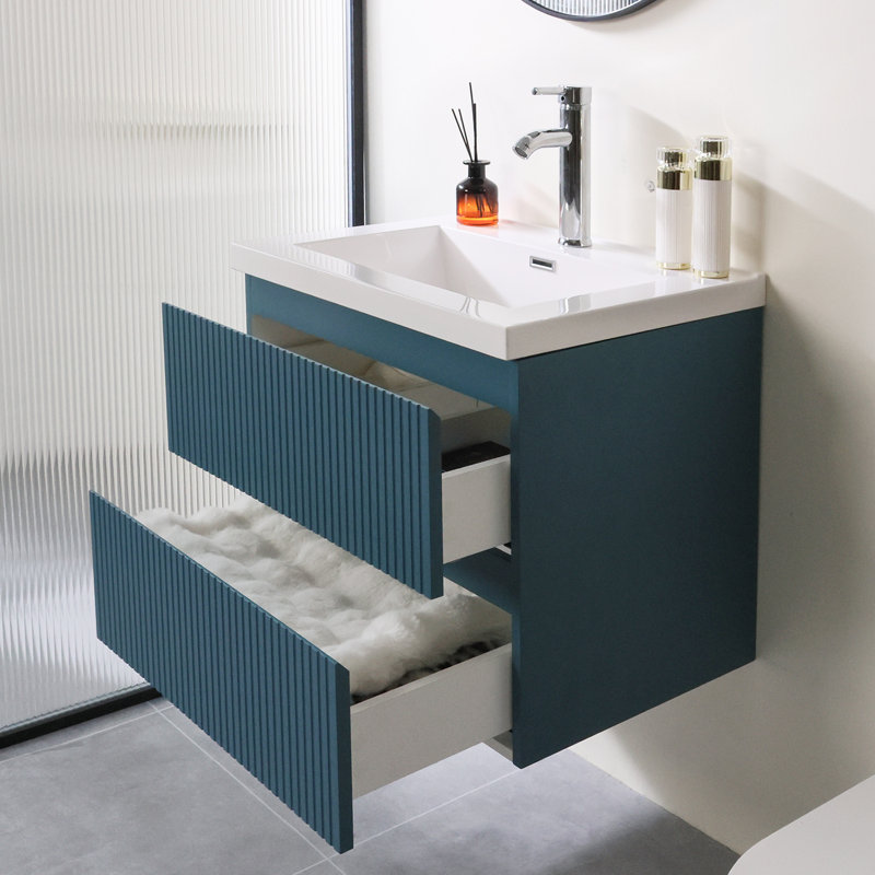  24” Bathroom Floating Vanity Cabinet With Sink And Double Drawers, Blue