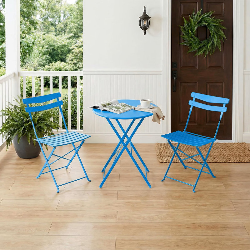 Ensemble bistro d'extérieur pliant 3 pièces, table de patio en métal et chaises pour balcon, cour et jardin, aucun assemblage requis | Bleu