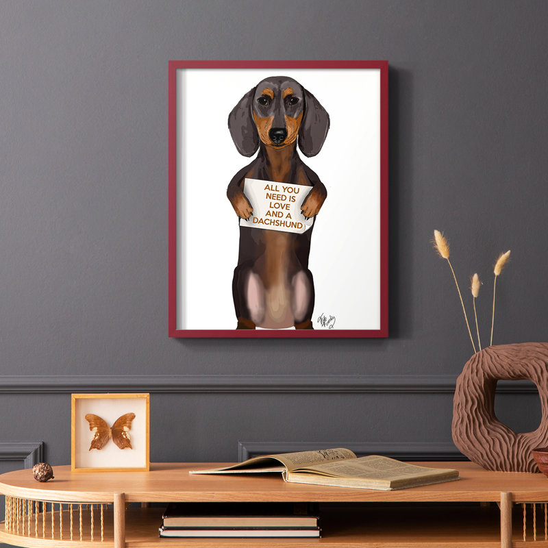 «Love and Dachshund», reproduction encadrée - bois massif, Cadre simple rouge, H 10 po x l 8 po
