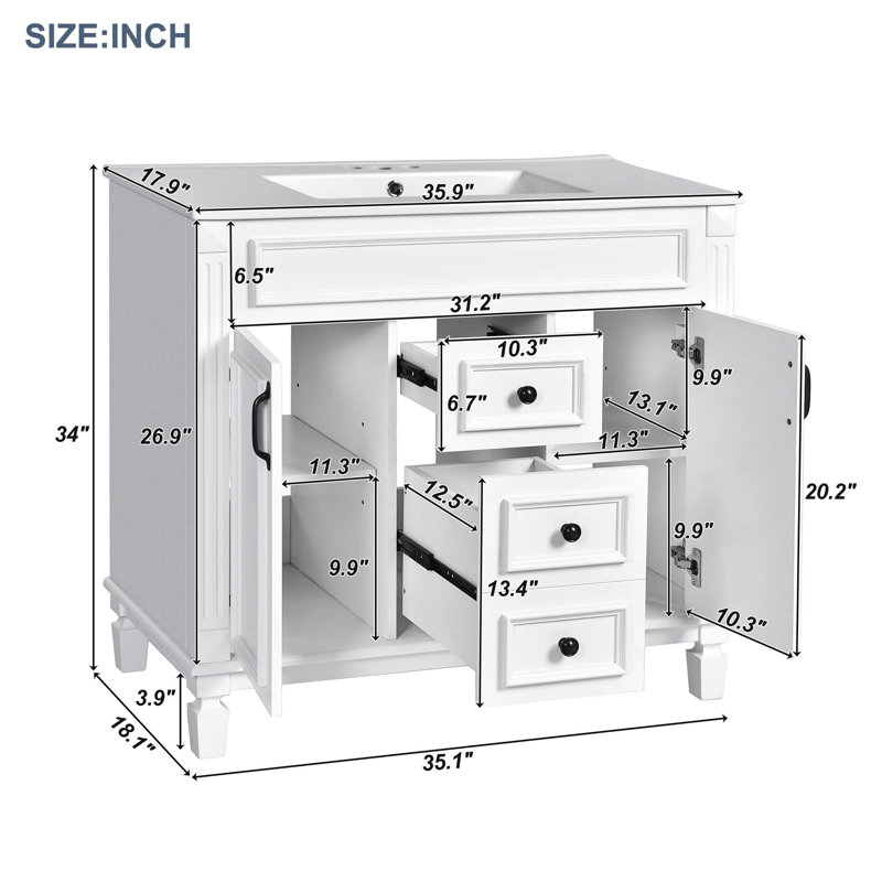 36'' Bathroom Vanity With Ceramic Top Sink, White