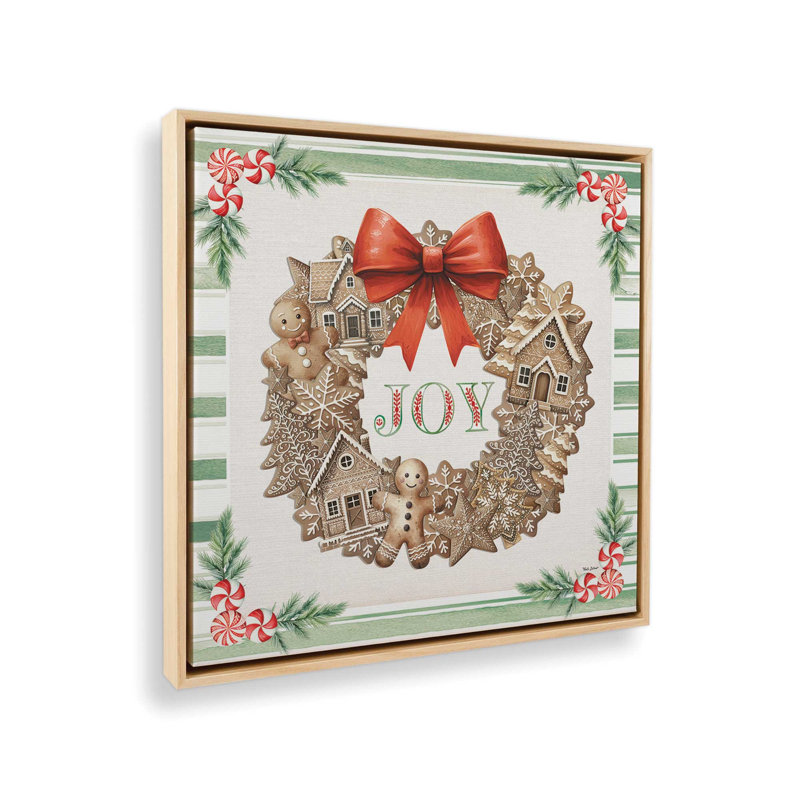 «Joy Gingerbread Wreath» par Nicole DeCamp, reproduction d'art, Toile avec cadre, L 36 x H 36, Érable
