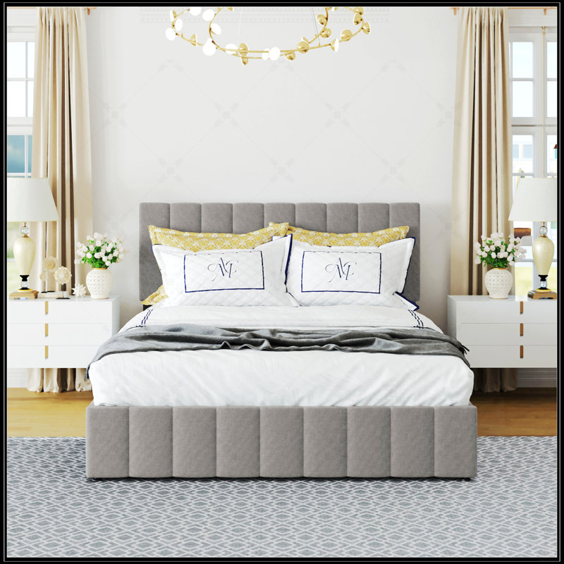 Grand lit plateforme tapissier avec système de rangement hydraulique - gris, Gris