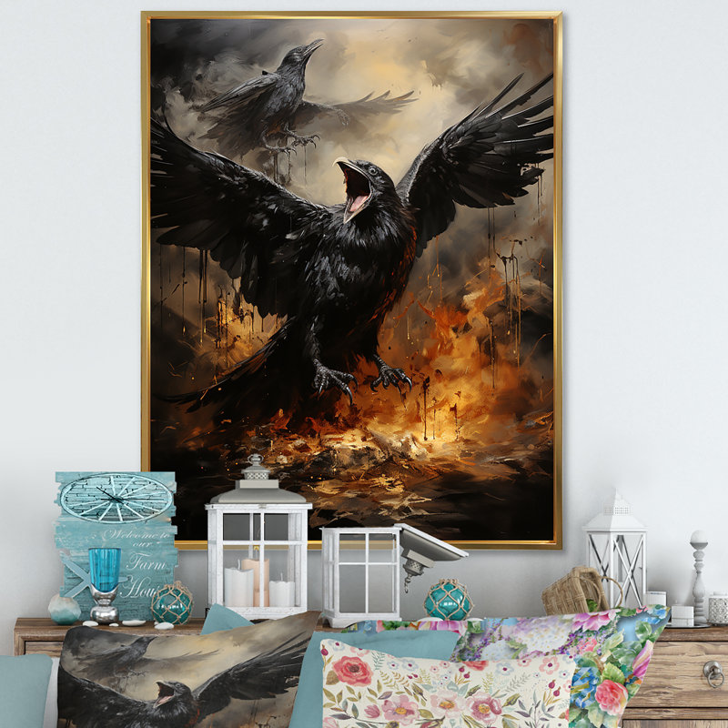 Noir «Black Shadows Cast A Mysterious Ambiance I» - Décoration murale oiseau, Cadre flottant doré