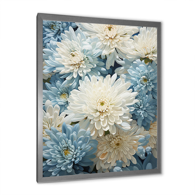 Minimalisme «Blooming Mums» en bleu et blanc III sur toile, H 40 po x l 30 po x P 1,5 po, Cadre simple argenté