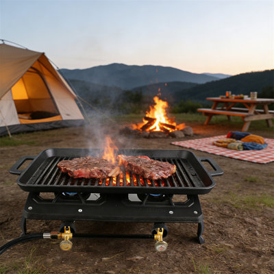 Double Burner Cast Iron Camping Stove with Regulators & Hoses