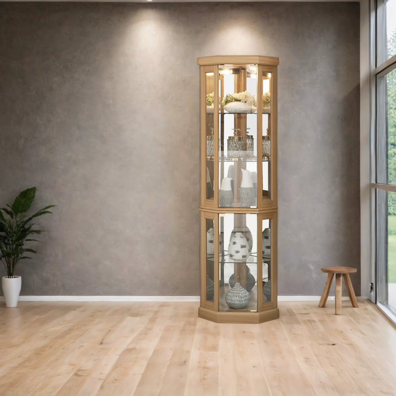 Corner Glass Cabinet Lighted Curio Cabinet Corner Display Case for Living Room, Curio Cabinet, Antique collection, Wine,Bar Glass Storage Light Included, Antique White