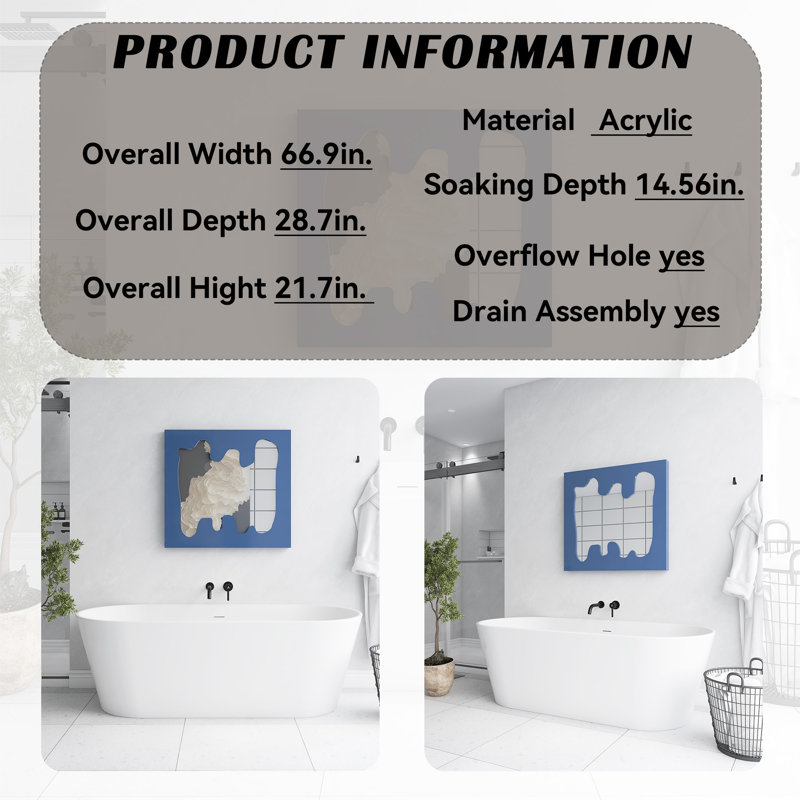 67" Freestanding Soaking Acrylic Bathtub