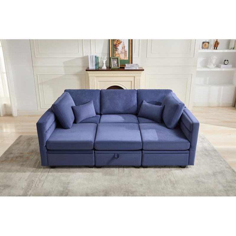 Canapé-lit modulaire 6 pièces avec sièges de rangement et dossier réglable Calkins, Polyester bleu