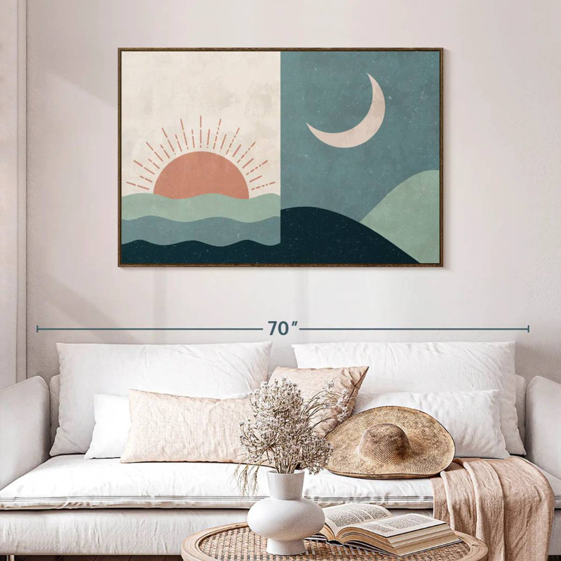 Boho lever et coucher de soleil II, 46 po x 31 po, Cadre flottant en noyer