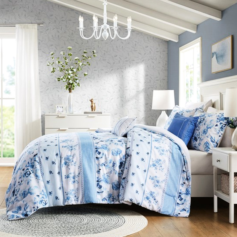 Literie simple / simple TG avec rayures florales, rembourrage, microbien, 2 taies décoratives et coussins décoratifs, coussins décoratifs, emballage compressé pour une livraison efficace