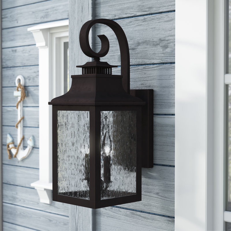 Raedawn Seeded Glass Outdoor Wall Lantern, 23'' H X 8.75'' W X 11.5' D., 2, Black